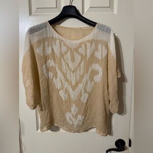 Sheer Beige Blouse with White Embroidered Pattern